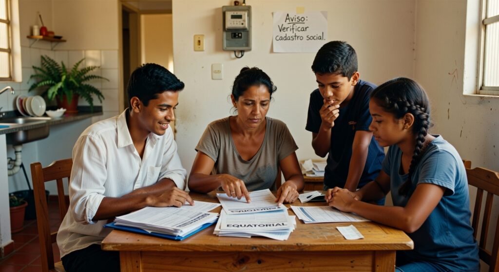Família reunida em mesa analisando documentos da Equatorial Energia, tarifa energia elétrica conta de luz isenção