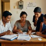 Família reunida em mesa analisando documentos da Equatorial Energia, tarifa energia elétrica conta de luz isenção