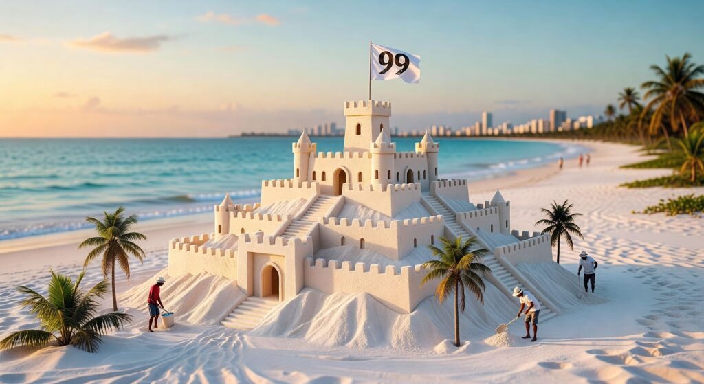 Castelo de areia elaborado em praia paradisíaca com coqueiros, mar azul e pessoas construindo, investimento turismo