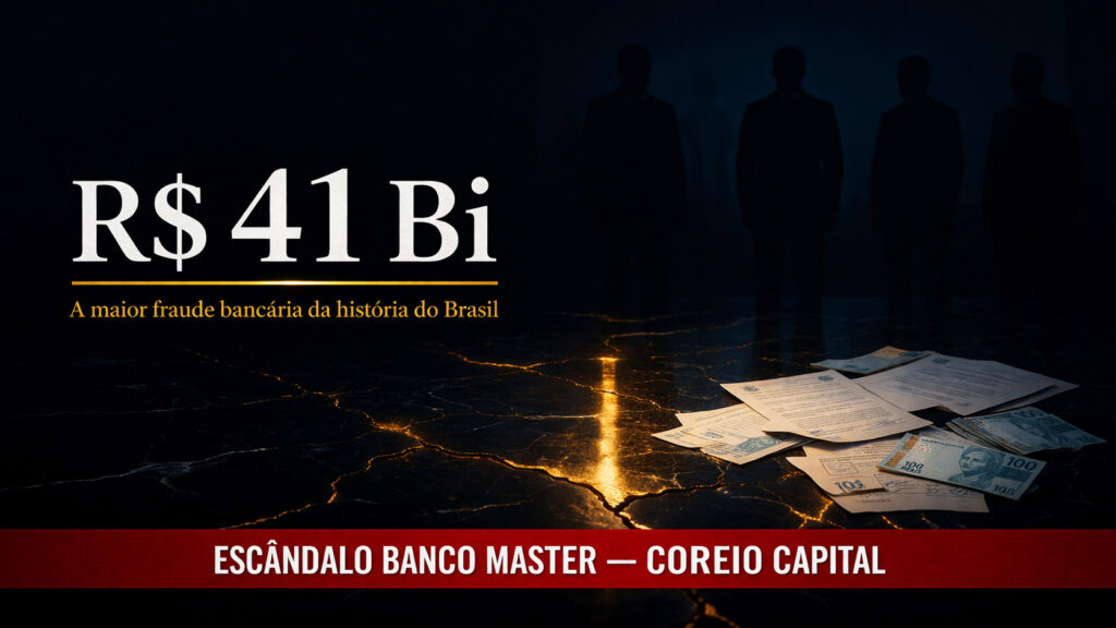 Imagem ilustrativa com texto R$ 41 Bi sobre fundo escuro com notas de real espalhadas, representando fraude bancária