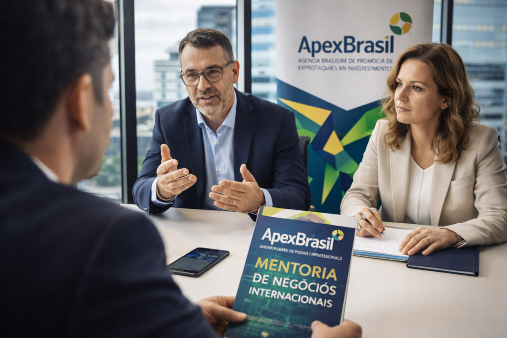Logo da ApexBrasil em programa de mentoria gratuita para empresas exportadoras brasileiras expandirem mercados