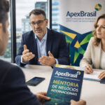 Logo da ApexBrasil em programa de mentoria gratuita para empresas exportadoras brasileiras expandirem mercados