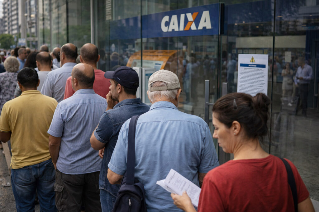 Pessoas em fila na porta de agência da Caixa com aviso na entrada, banco público, sistema financeiro