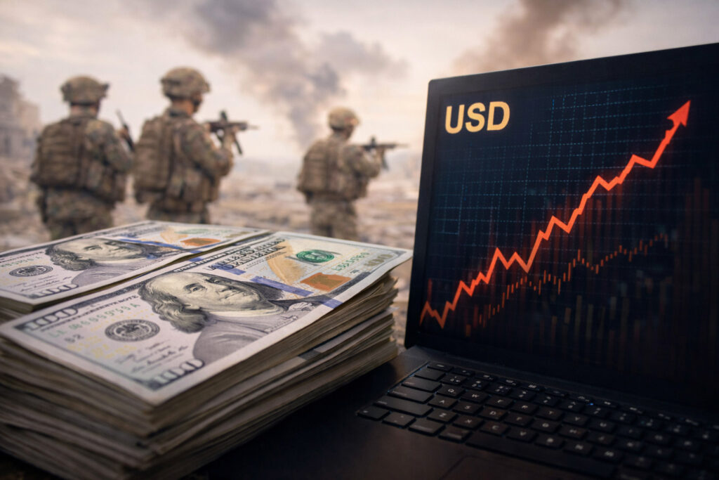 Gráfico mostra valorização do dólar americano em 2% durante conflito no Oriente Médio, revertendo quedas anteriores