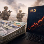 Gráfico mostra valorização do dólar americano em 2% durante conflito no Oriente Médio, revertendo quedas anteriores