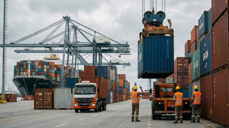Terminal de contêineres no Porto de Santos com guindastes e caminhões movimentando cargas.