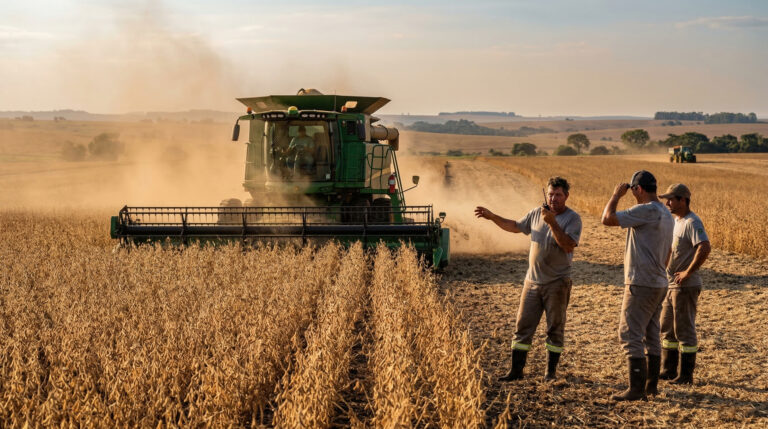 Colheita de soja em grande plantação no Brasil com máquinas agrícolas trabalhando no campo.