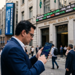 Homem de terno usando smartphone para monitorar gráficos da bolsa de valores em frente ao prédio da B3 com painel do Ibovespa