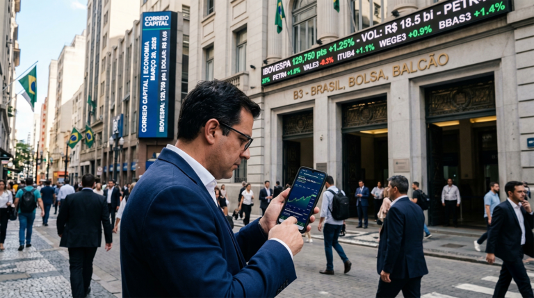Homem de terno usando smartphone para monitorar gráficos da bolsa de valores em frente ao prédio da B3 com painel do Ibovespa