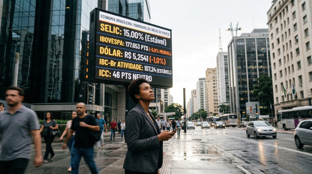 Mulher observa painel eletrônico com indicadores econômicos brasileiros incluindo Selic, Ibovespa, dólar e ICC em centro financeiro