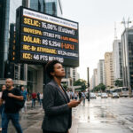 Mulher observa painel eletrônico com indicadores econômicos brasileiros incluindo Selic, Ibovespa, dólar e ICC em centro financeiro