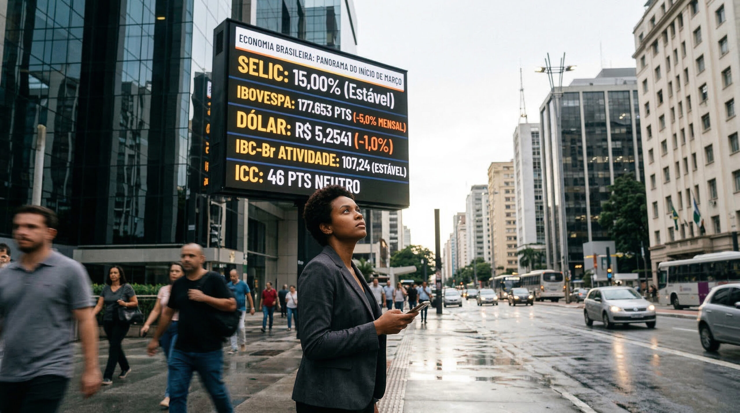Mulher observa painel eletrônico com indicadores econômicos brasileiros incluindo Selic, Ibovespa, dólar e ICC em centro financeiro