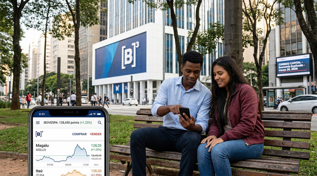 Jovem casal sentado em banco de praça consultando aplicações da B3 no smartphone, com prédio da bolsa ao fundo - investimentos