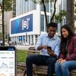 Jovem casal sentado em banco de praça consultando aplicações da B3 no smartphone, com prédio da bolsa ao fundo - investimentos