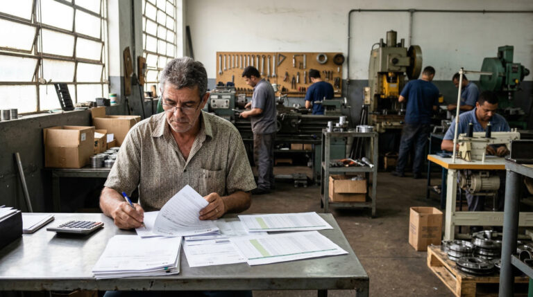 Empresário brasileiro analisa documentos financeiros em pequena fábrica ou oficina industrial.
