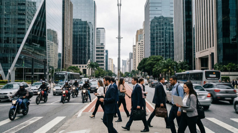 Executivos caminham entre edifícios corporativos na Avenida Faria Lima, distrito financeiro de São Paulo.