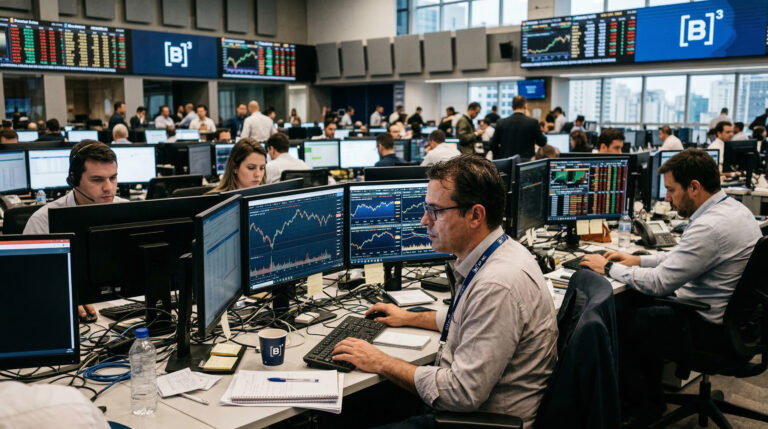 Operadores analisam dados financeiros em sala de mercado em São Paulo, centro financeiro do Brasil.