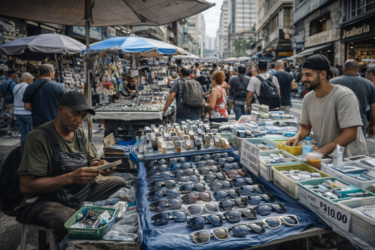 Vendedores ambulantes nas ruas de São Paulo em situação de trabalho informal e precário