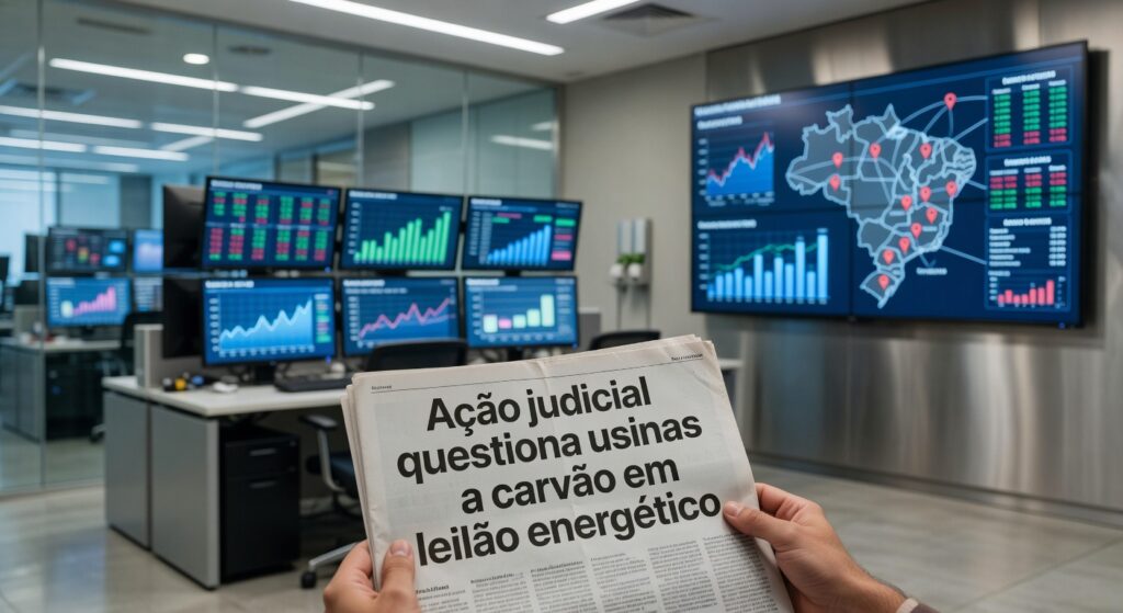 Pessoa lendo jornal com manchete sobre ação judicial questionando usinas de carvão em leilão energético, com monitores financeiros ao fundo mostrando dados econômicos e mapa do Brasil