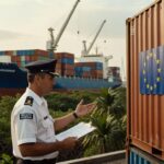 Fiscal da Receita Federal inspecionando contêineres no porto com bandeiras da União Europeia e Mercosul, navios cargueiros ao fundo, comércio exterior