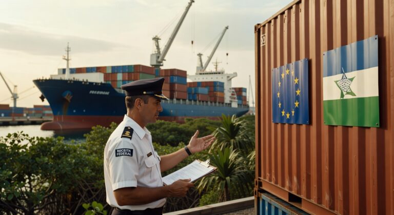 Fiscal da Receita Federal inspecionando contêineres no porto com bandeiras da União Europeia e Mercosul, navios cargueiros ao fundo, comércio exterior