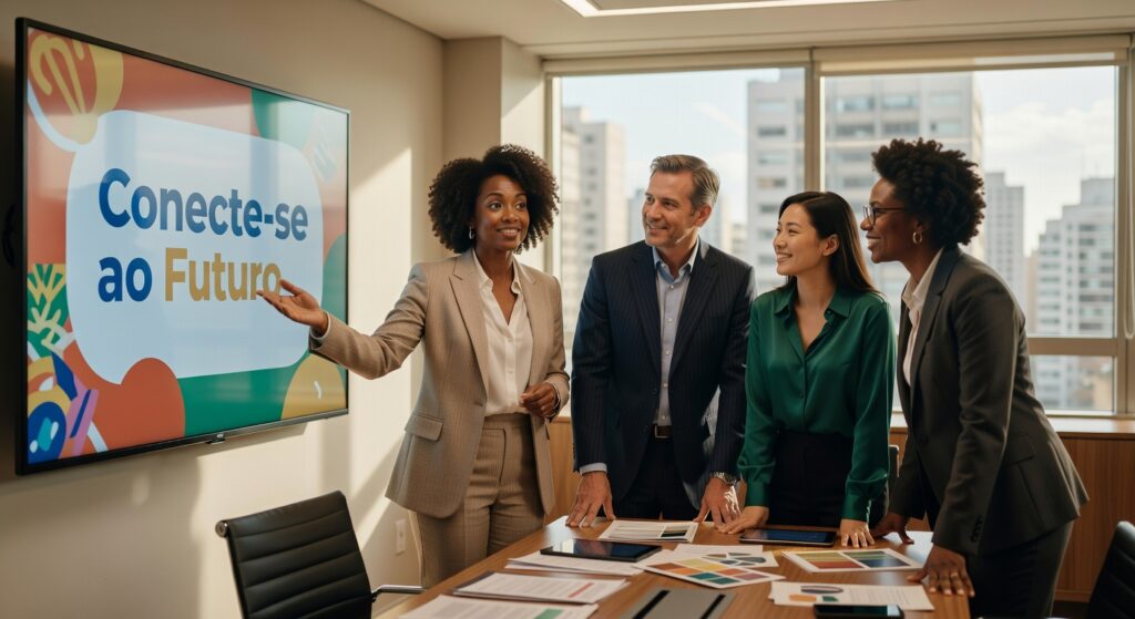 Executivos em reunião corporativa observando apresentação 'Conecte-se ao Futuro' em tela, discussão estratégica empresarial