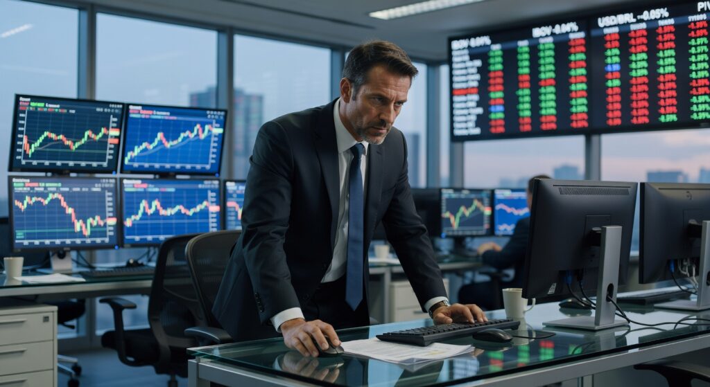 Gráfico mostra Ibovespa em queda de 0,04% aos 183.369 pontos e dólar recuando 0,05% para R$ 5,1596 no mercado