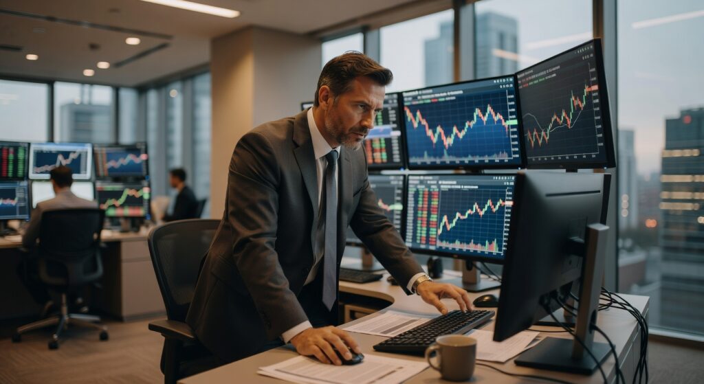 Executivo de terno observa múltiplos monitores com gráficos de candlestick e dados do mercado financeiro em escritório