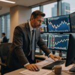Executivo de terno observa múltiplos monitores com gráficos de candlestick e dados do mercado financeiro em escritório