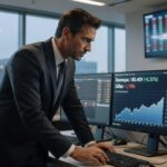 Profissional em terno analisando gráficos do Ibovespa e cotação do dólar em múltiplos monitores em ambiente de trading