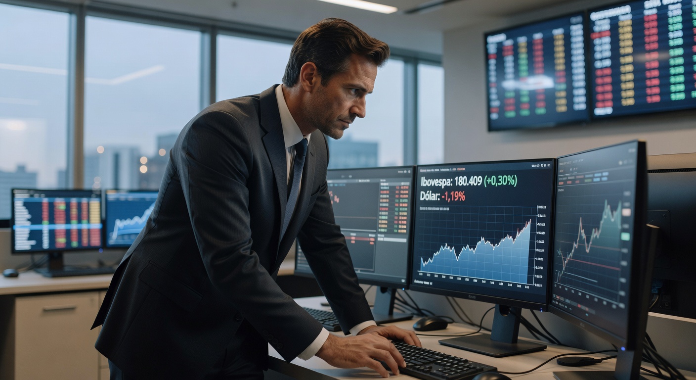 Profissional em terno analisando gráficos do Ibovespa e cotação do dólar em múltiplos monitores em ambiente de trading