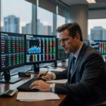 Profissional de terno trabalhando em home office com múltiplos monitores exibindo gráficos financeiros e dados do mercado