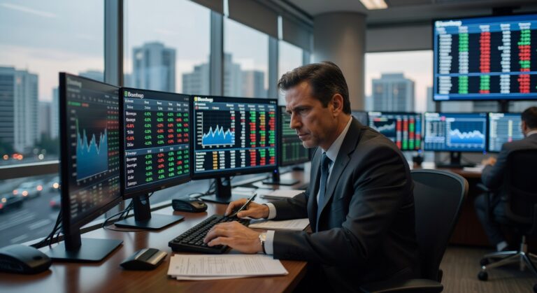 Profissional de terno trabalhando em home office com múltiplos monitores exibindo gráficos financeiros e dados do mercado