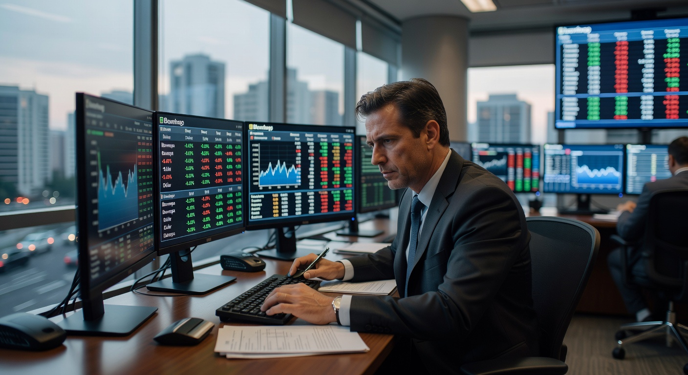 Profissional de terno trabalhando em home office com múltiplos monitores exibindo gráficos financeiros e dados do mercado