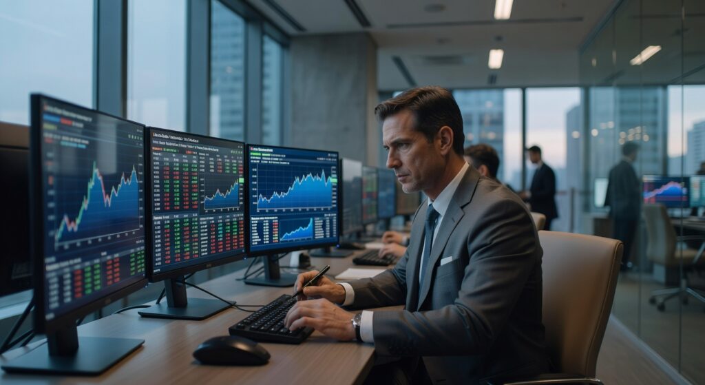Profissional em terno analisando múltiplas telas com gráficos de ações, dados financeiros e cotações do mercado