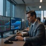 Profissional em terno analisando múltiplas telas com gráficos de ações, dados financeiros e cotações do mercado