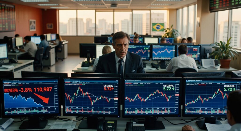 Profissional em terno observa múltiplos monitores com gráficos do Ibovespa em queda e cotação USD/BRL em mesa operações