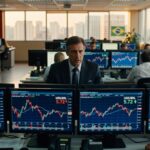 Profissional em terno observa múltiplos monitores com gráficos do Ibovespa em queda e cotação USD/BRL em mesa operações