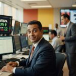 Profissional de terno em mesa de trading com monitores mostrando gráficos do Ibovespa em alta de 0,53% bolsa de valores