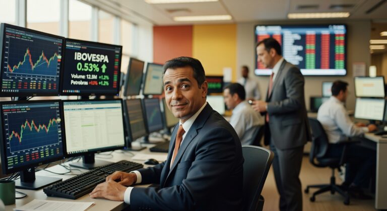 Profissional de terno em mesa de trading com monitores mostrando gráficos do Ibovespa em alta de 0,53% bolsa de valores
