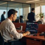 Profissional em escritório observa gráfico do Ibovespa em queda de 0,57% na tela do computador, mercado financeiro