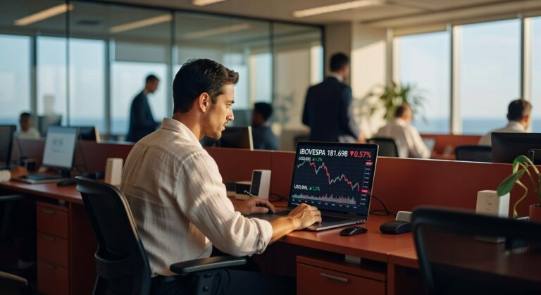 Profissional em escritório observa gráfico do Ibovespa em queda de 0,57% na tela do computador, mercado financeiro