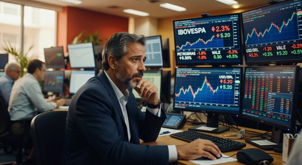 Trader em sala de operações analisando gráficos do Ibovespa em queda de 2,3% em múltiplos monitores financeiros
