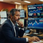 Trader em sala de operações analisando gráficos do Ibovespa em queda de 2,3% em múltiplos monitores financeiros