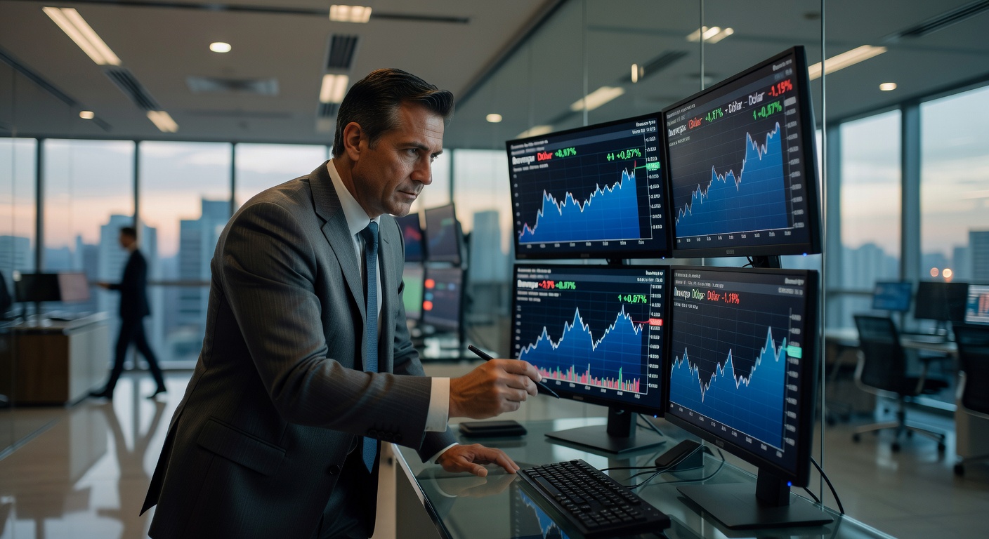 Executivo de terno analisando múltiplos monitores com gráficos financeiros em escritório corporativo, mercado de ações