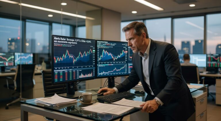 Profissional em terno analisando gráficos financeiros em múltiplos monitores mostrando dados do mercado de ações Ibovespa dólar