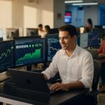 Profissional de camisa branca sorri enquanto monitora gráficos do Ibovespa com alta de 2,1% em múltiplas telas de trading