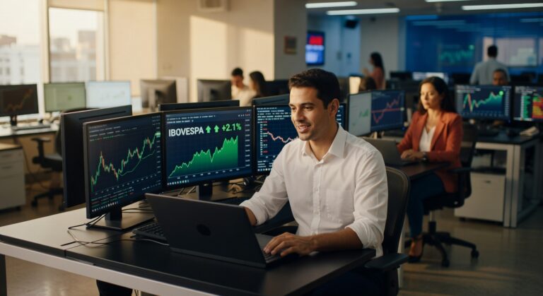 Profissional de camisa branca sorri enquanto monitora gráficos do Ibovespa com alta de 2,1% em múltiplas telas de trading
