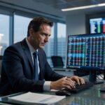 Executivo de terno analisando gráficos e cotações em múltiplas telas de computador em escritório financeiro, mercado ações