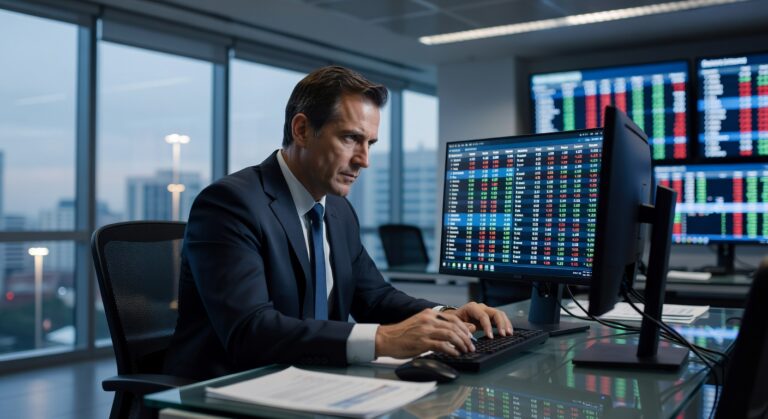 Executivo de terno analisando gráficos e cotações em múltiplas telas de computador em escritório financeiro, mercado ações